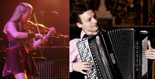 A composite showing a standing Lizzie Ball playing her violin and a seated Miloš Milivojević playing his accordion