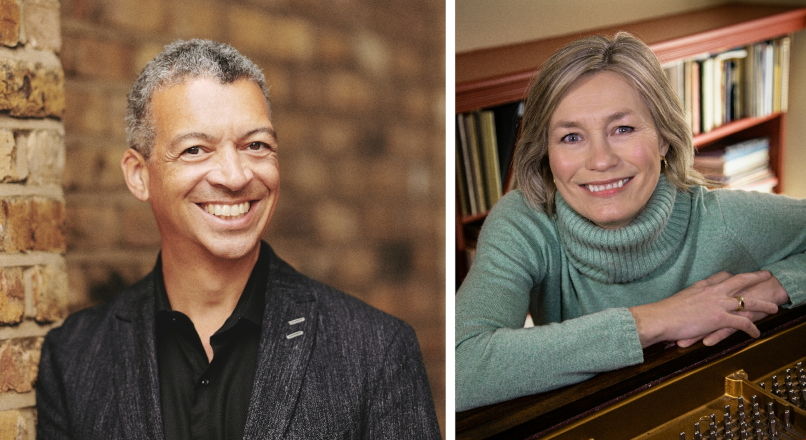 A montage of both performers: Roderick Williams standing by a brick wall and Susie Allen, leaning on her piano